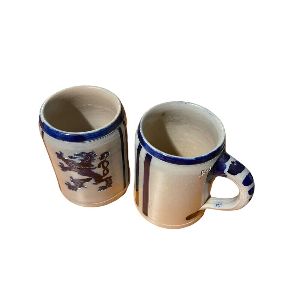 Vintage Original Salzglasur Stoneware Steins Mugs Glazed Blue Qty2